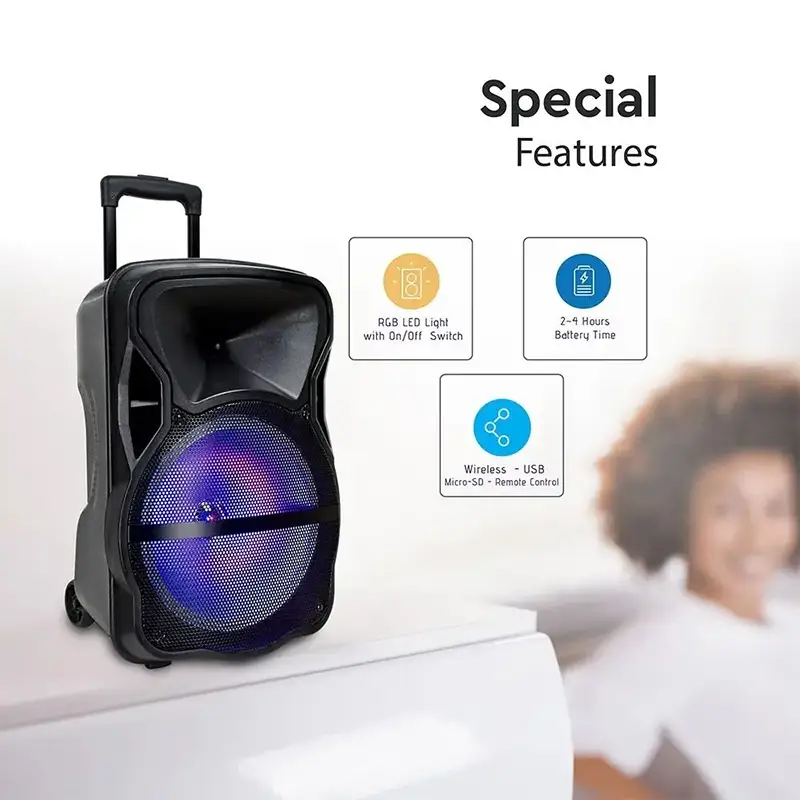 BOXA PORTABILA ILUMINATA LED 15"/38CM 50W RMS CU USB/SD/BT/FM   SKU-7738