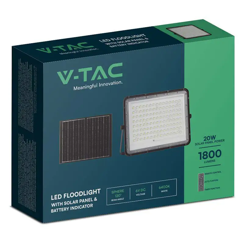 Reflector cu incarcare solara 20W 1800 lumeni 6400K - negru , SKU-7827