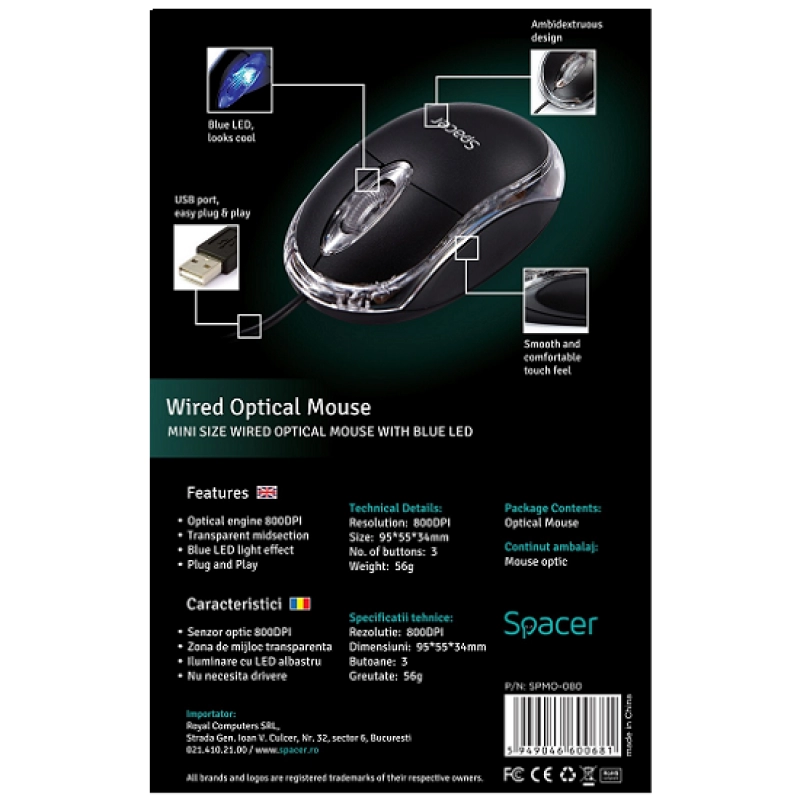 Mouse optic usb  cu fir SPMO-080  SPACER  46423                                                                                                                                                         
