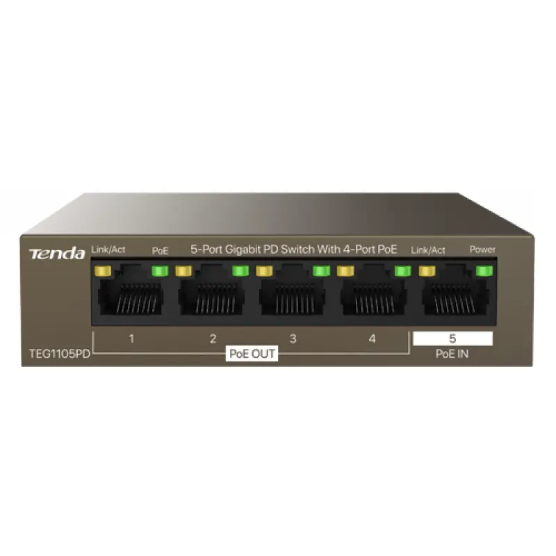 Switch 4 porturi PoE Out , 1 port PoE In Gigabit Tenda tnd-teg1105pd 44200