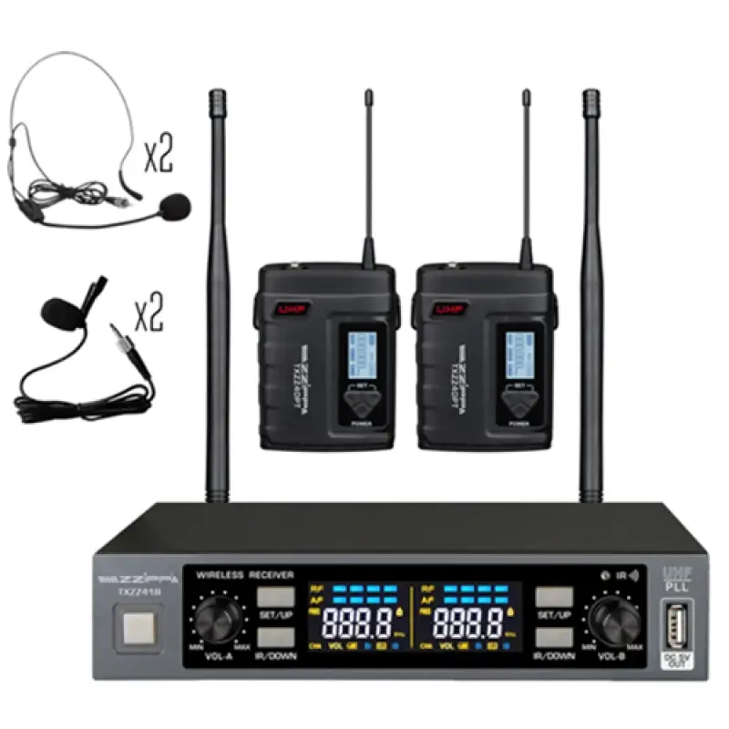 Microfon wireless set UHF ZZIPP TXZZ416 Receiver 2 canale ,transmiter 2 mic lavaliera + 2 mic casca 47261                                                                                               