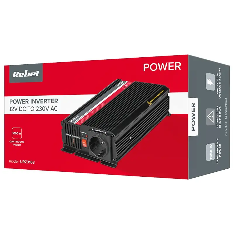 Invertor de tensiune 12V-220V 1000W max power 2000W REBEL URZ3163. 22184                                                                                                                                