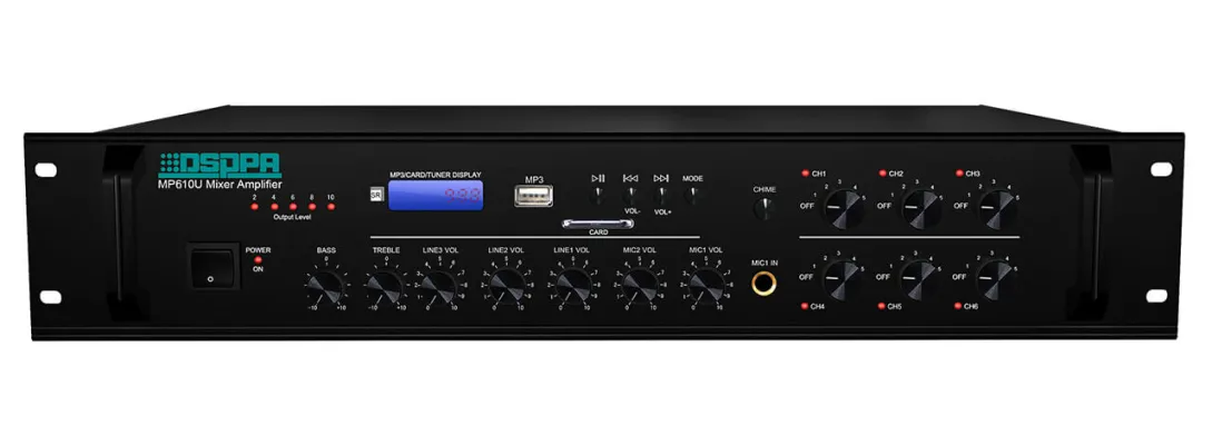 Amplificator 250W cu mixer DSPPA MP610U, 6 zone, USB/SD/Tuner, 4Mic si 3AUX, 100V & 4-16 Ohmi