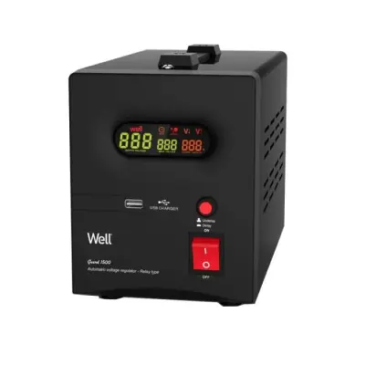 Stabilizator automat de tensiune cu releu 1500VA / 900W negru Well AVR-REL-GUARD1500WL 35621                                                                                                            
